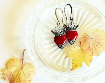 Blood Red Sacred Heart Earrings, Antique Bronze, Catholic Milagro, Memento Mori Tattoo, Relic, Cuore Sacro