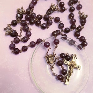 Giftboxed Large Amethyst Crystal x Antique Bronze Five Decade Catholic Sacred Heart Purple Rosary, Crucifix Vintage Tattoo, Religious Prayer