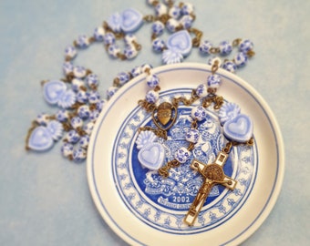 Large Blue & White Delft Five Decade Rosary, Chinoiserie, Milagro, Catholic Sacred Heart, Christening Gift, First Communion