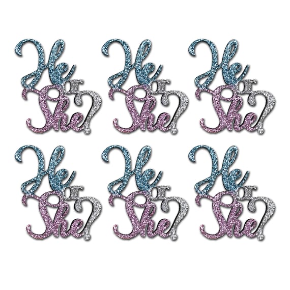 X6 Set He Or She Boy Girl Cupcake Cake Topper Glitter Mdf Baby Etsy