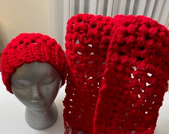 Cherry Red Crochet Hat/ Scarf Set