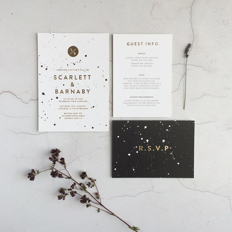 Paint Splatter SAMPLE Wedding Invitation gold foil, hot foil, hand stamped, letterpress, hand painted, invites UK, USA, Australia image 4