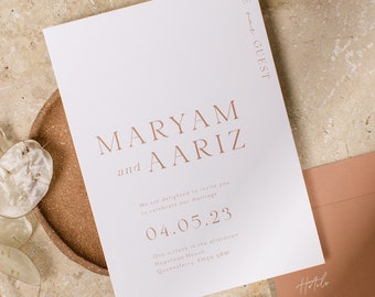 Be Our Guest SAMPLE Wedding Invitation - Modern, stylish, minimal, mocha tones, contemporary, arch invitation UK, America, Australia, trendy