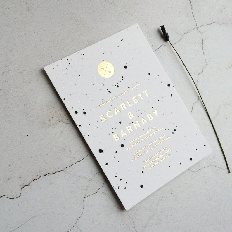 Paint Splatter SAMPLE Wedding Invitation gold foil, hot foil, hand stamped, letterpress, hand painted, invites UK, USA, Australia image 1