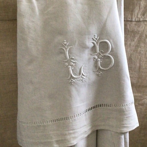 Fabulous Antique French Linen Heirloom Dowry Sheet Hand Monogram &quot;LB&quot;