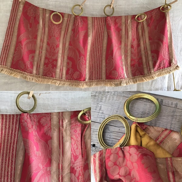 Antique French Silk Stripe Damask Fabric 19thc. Napoleon III Valance  Brass Rings