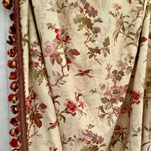 Antique French Printed Cotton Curtain Floral Birds Bobble Trim Panel 1