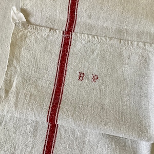 ONE Antique Vintage French Linen Torchon Tea Kitchen Towel Red Stripe Mono BP