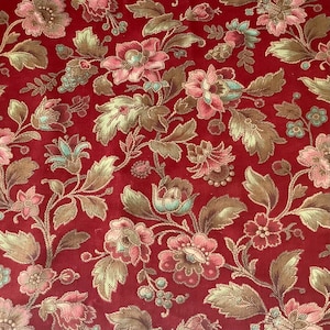 Antiker französischer gewebter Blick Textil Rot Aqua Rosa Blumen-Stoff gefüttert 20 &quot;x 55&quot;