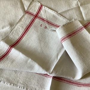 ONE Antique French Rustic Linen Torchon Kitchen Dish Towel Red Stripes Monogram LD