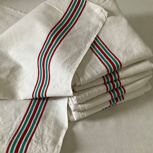 French Vintage Metis Linen Dishtowel  ONE Large Torchon Tea Kitchen Towel Red Green Stripe Christmas