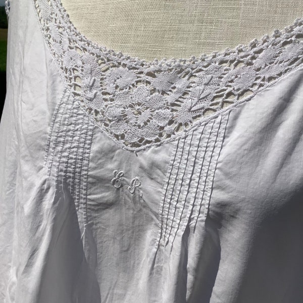 Lovely Antique French Cotton lace nightgown Dressing Gown Monogram ER