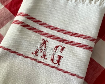 One Vintage  French hand towel Cotton Hand embroidered mono AG