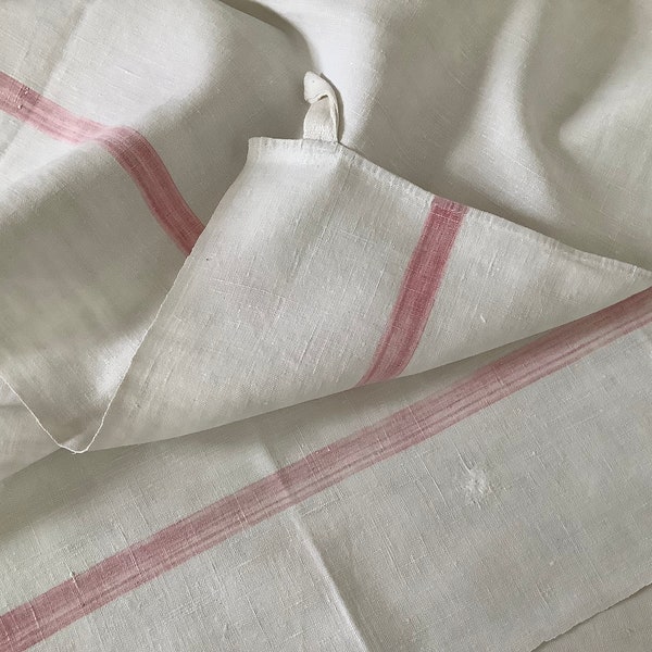 French Antique Linen Dish towel Torchon Tea Kitchen Towel Faded Pink Stripe Mends