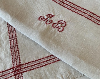 Toallas de cocina antiguas vintage de lino francés rojas Torchon Mono MB