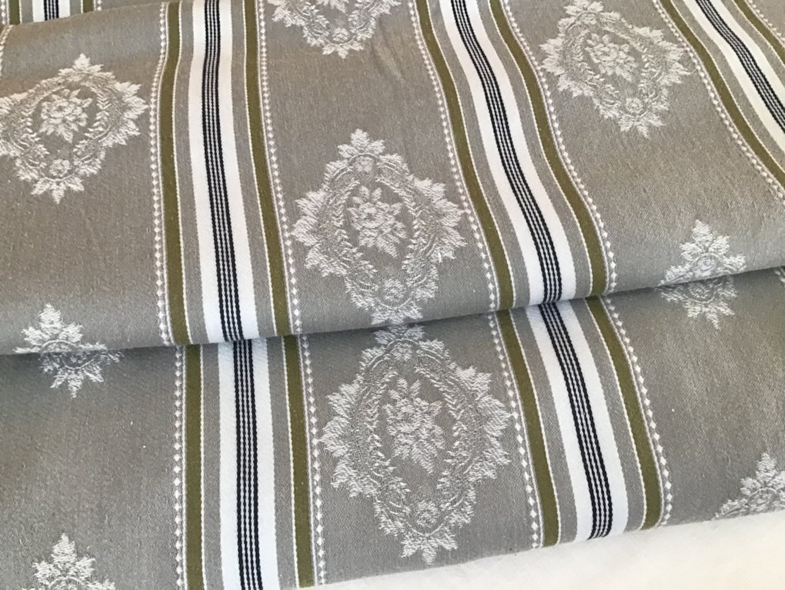 Vintage French Cotton Damask Ticking Fabric Grey Navy Khaki Etsy