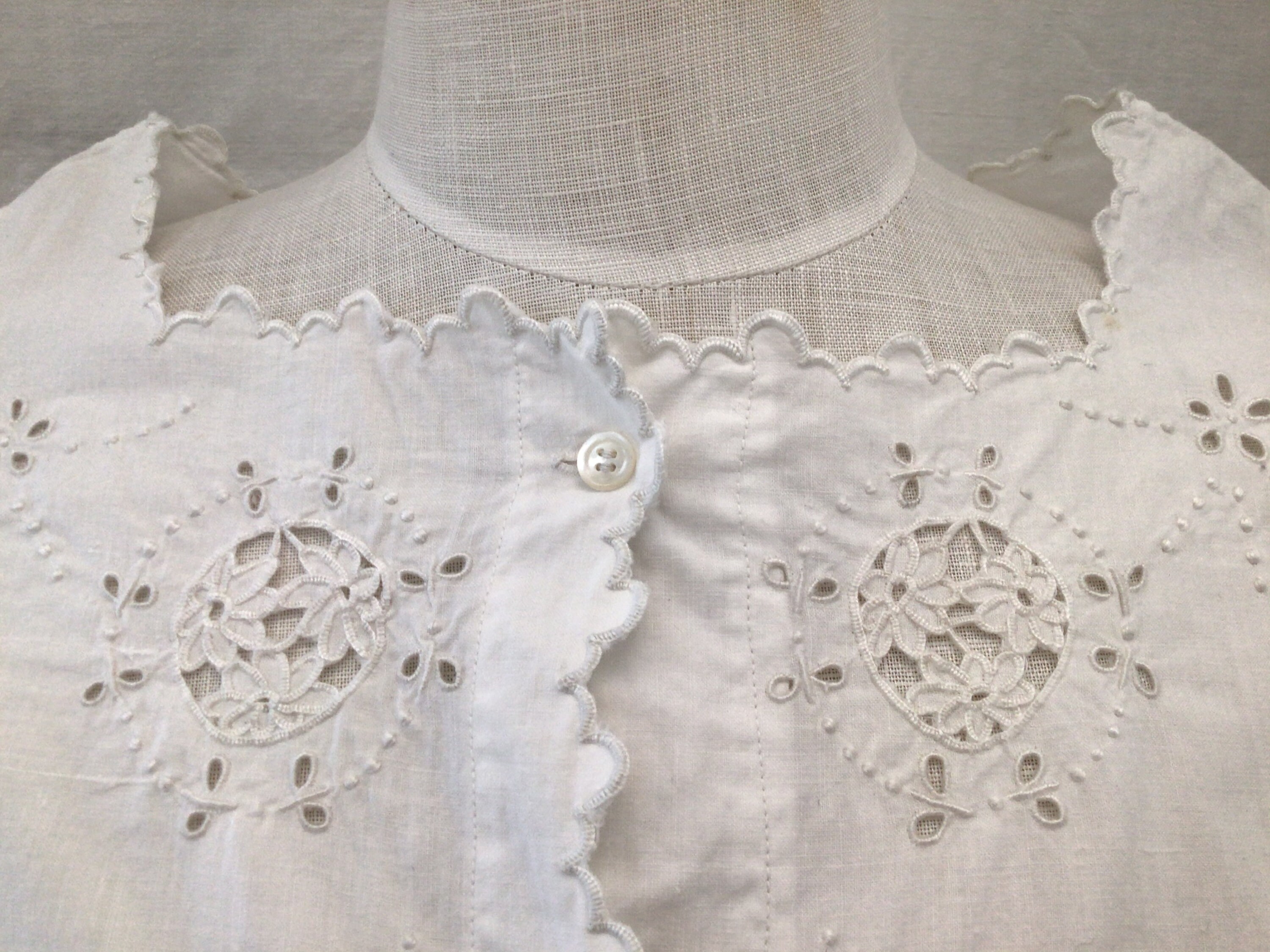 Antique French Hand Embroidered Blouse Cotton Shirt 1910 Button 