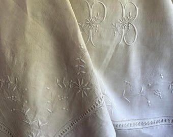 Fabulous Antique French Linen Heirloom Dowry Sheet Hand Monogram "PB"  80" X 124"