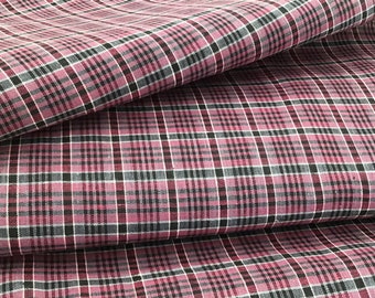 May include: Pink and black plaid fabric with a subtle white stripe. The fabric is folded in thirds, showing the pattern from different angles.