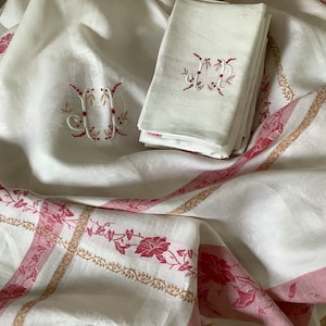 Antique French Damask Linen tablecloth & 6 Napkins Rare Red Gold  Border Mono JD
