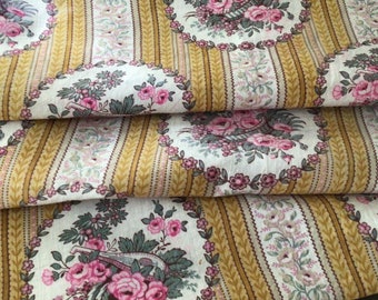 Lovely Antique vintage Français Floral Stripe Fabric Linen - Roses en coton