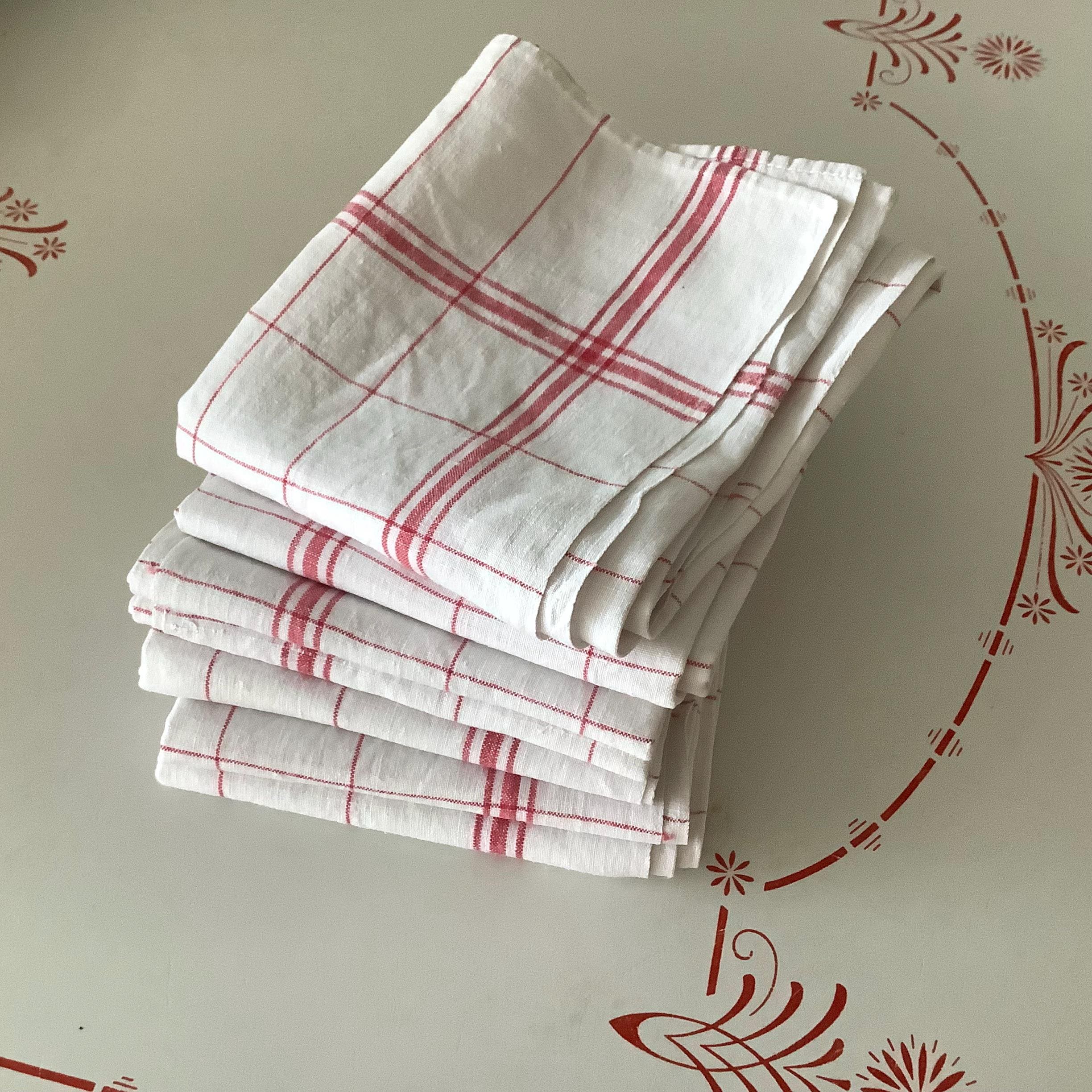 ONE Antique Vintage French Linen Torchon Tea Kitchen Dish Towel Red Stripes