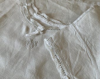 Preciosa bata de noche antigua de lino francés, estilo campesino, tipo camisón AR