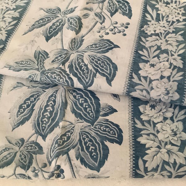 Antique French  Blue  Floral Stripe Fabric Cotton  19th Century Etching Motif