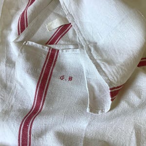ONE Antique  French Linen Torchon Tea Kitchen Towel Red Stripe Mono G B