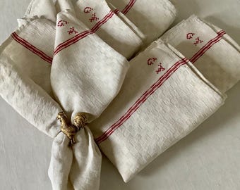 Zestaw 5 zabytkowych francuskich serwetek lnianych/ręczników kuchennych Monogram GT