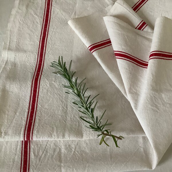 French Vintage Linen Dish towel Antique Torchon  Rustic Red Stripe  Kitchen Dish Torchon Towel ONE