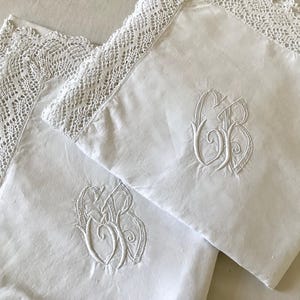 Pair Lovely hand embroidered antique Vintage  French linen pillow shams  Monogram "CB"