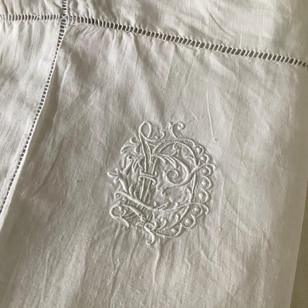 Antique Vintage French Pillow Sham Pure Linen Hand Embroidery Monogram CD DC