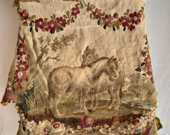 18e-eeuws Frans Aubusson-tapijtfragment Paarden Pastoraal Rococo Textiel Versleten tijd