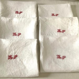 Set of 6 Antique French Damask  Napkins Monogram  in Red MP