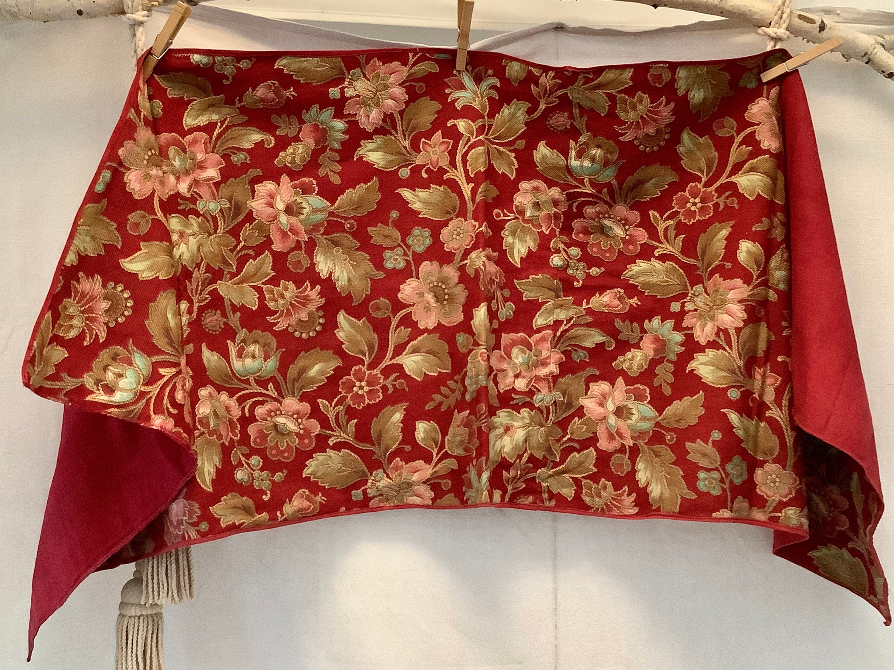 Antique French Woven Look Textile Red Aqua Pink Floral Fabric