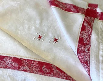 Antique French Damask Napkins Set (8)  Rare Rooster Red Border Mono BJ