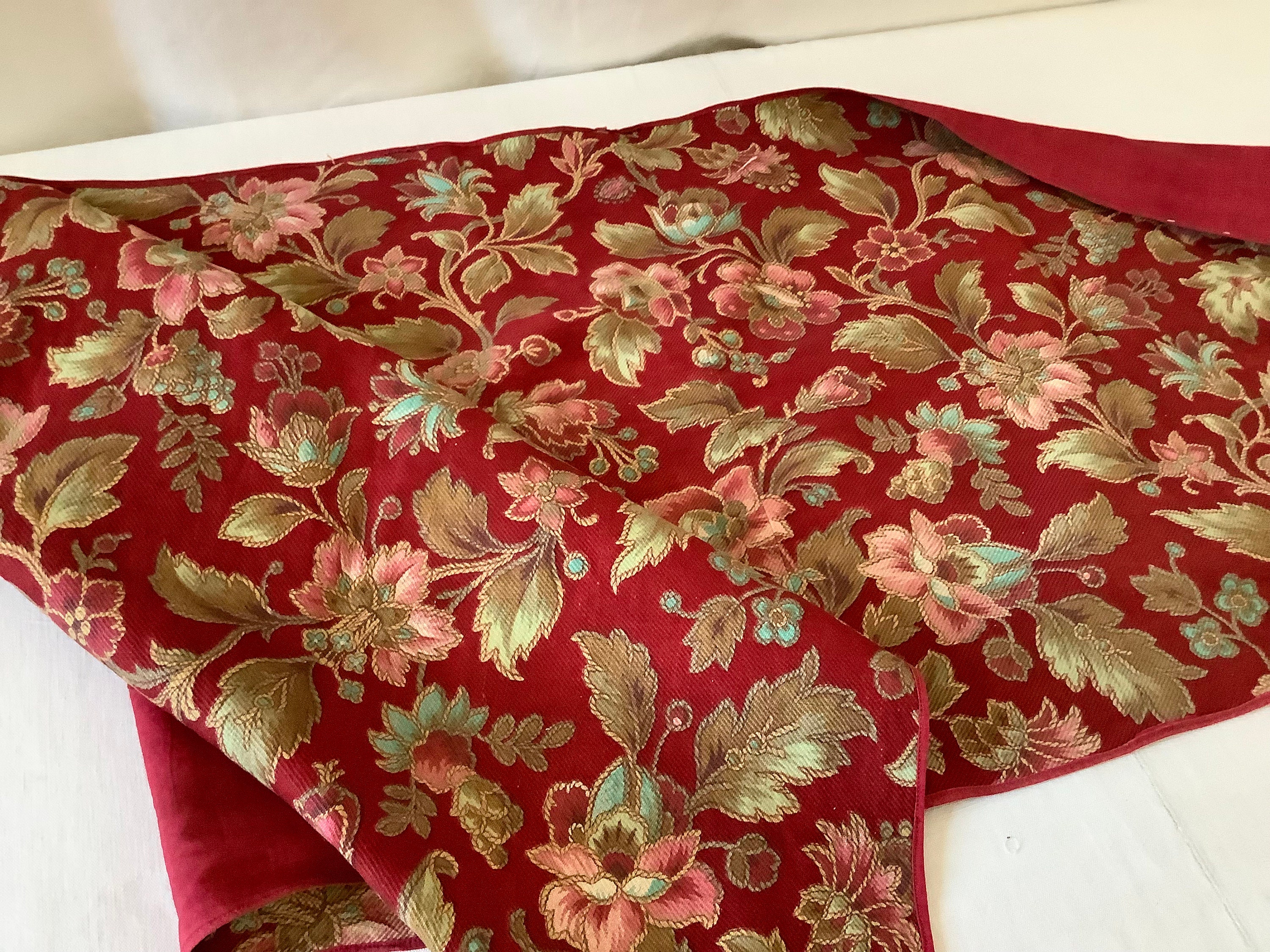 Antique French Woven Look Textile Red Aqua Pink Floral Fabric