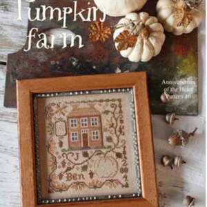 May include: A framed cross-stitch pattern featuring a house with a pumpkin and the text "Pumpkin Farm" and "Ben". The frame is brown wood with a silver trim. The background is a rustic wooden surface with white pumpkins.
