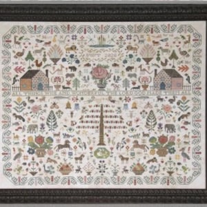 May include: Framed cross-stitch sampler with a black wooden frame. The sampler features a detailed design with houses, animals, flowers, and the text "ALL THINGS WISE AND WONDERFUL, THE LORD GOD MADE THEM ALL". The year 2020 is also visible.