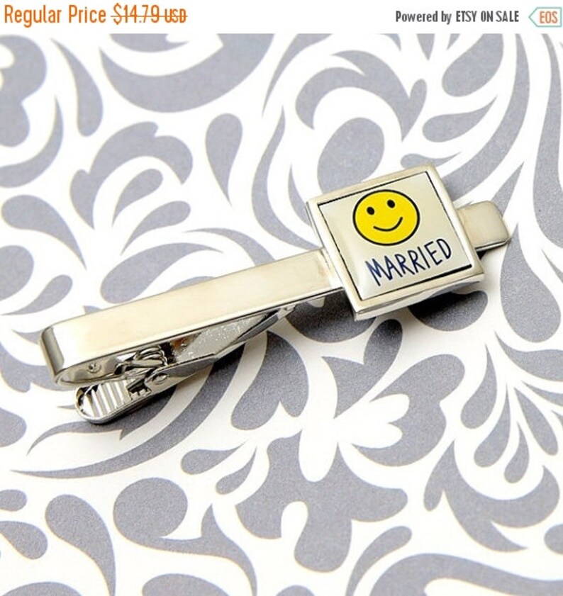 ON SALE Married Happy Face Wedding Husband Wife Gift Groomsman Tie Clip Silver Bar Clasp image 1