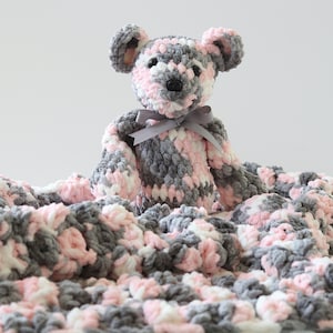 Pink and Gray Chenille Baby Blanket, Stuffed Teddy bear, Gift For Baby Girl, Large Crib Blanket, Keepsake Baby Gift, Baby Shower Gift