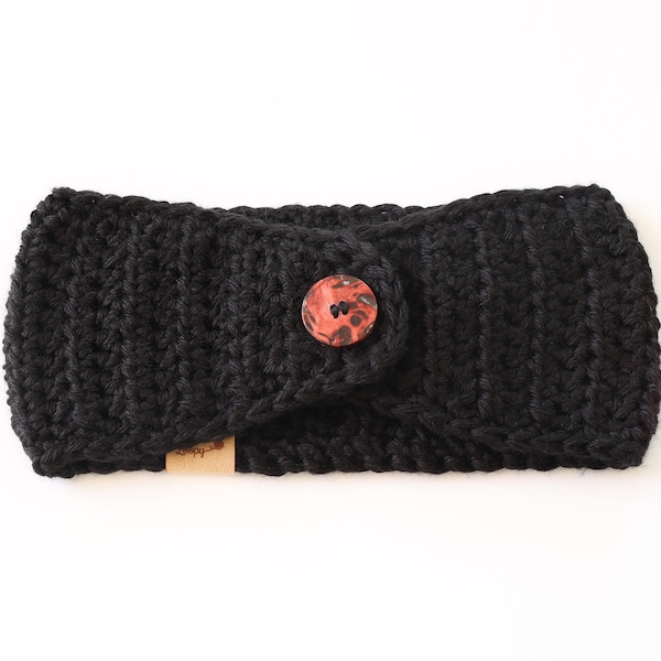 Black Crochet Ear Warmer, Wide Winter Headband, Chunky Headband with button closure, Extra Large Women's Ear Warmer