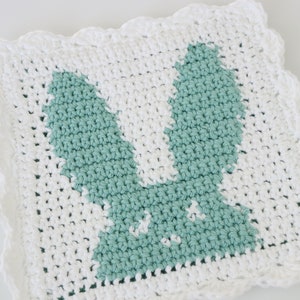 May include: A white crocheted square with a scalloped border and a green bunny silhouette in the center.