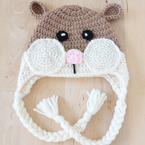 Kids Hamster Animal Hat, Cute Character Hat With Braided Ties, Guinea Pig Crochet Hat With Earflaps, Animal Hat In Infant thru Kids Sizing