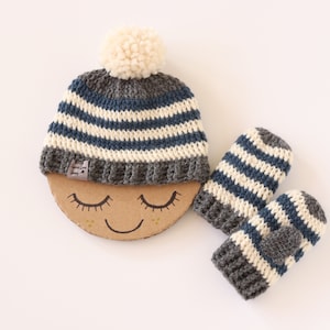 Blue and Gray Hat and Mittens, Toddler and child Sizes, Crochet Pom Beanie, Crochet Mittens for Toddler, Ski Hats For Kids, Kids Winter wear
