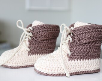 Brown and Tan Baby Shoes, Cute Boy Baby Booties, Tall Baby Work Boots, Crochet Work Booties Size 6-12 Months, Soft Sole Baby Boots