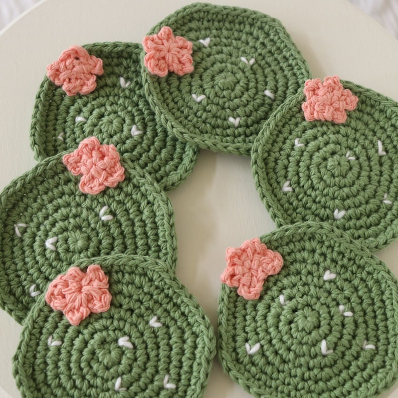 Crochet Cactus Coasters Set Of 6 Prickly Pear Coaster Set | Etsy