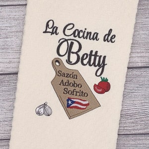 Personalized Embroidered Kitchen Towel: Puerto Rican Flag, Custom Name