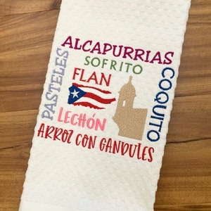 Embroidered Puerto Rican Food Kitchen Towel: Spanish Decor